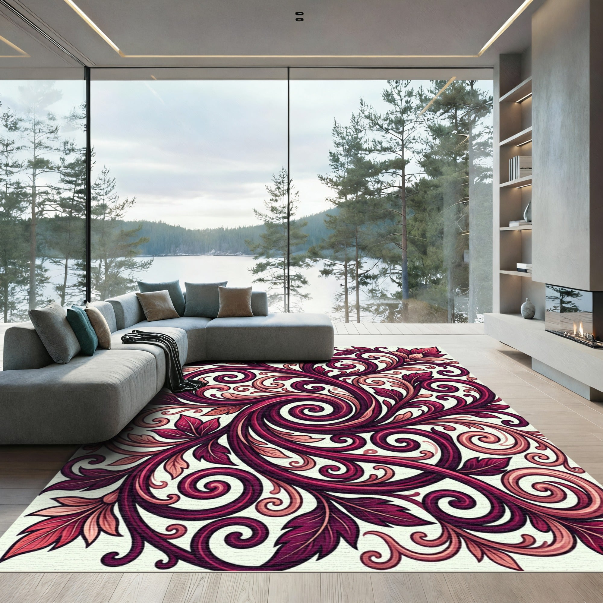 Deep Burgundy Floral Scroll Swirl Rug