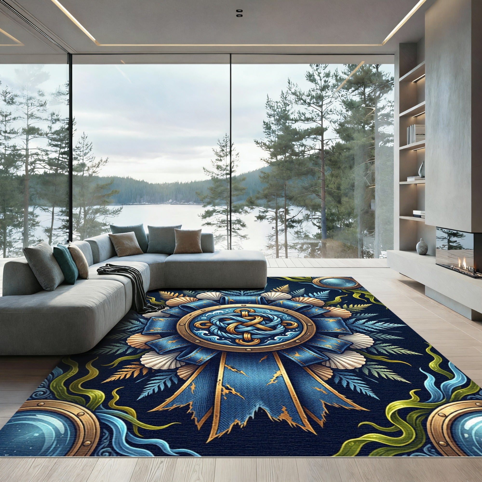 Marine Nautical Knot Shell Fern Medallion Rug