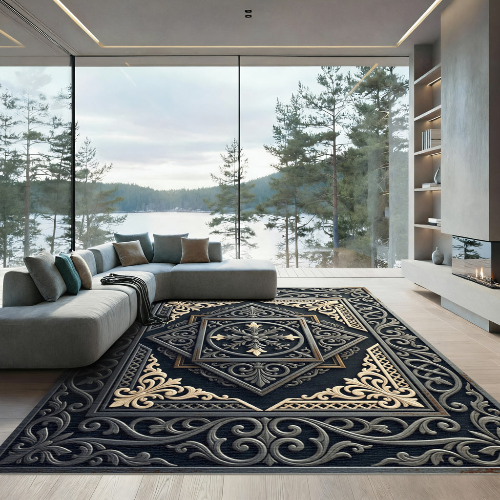 Ornate Iron Scrollwork Floral Medallion Rug
