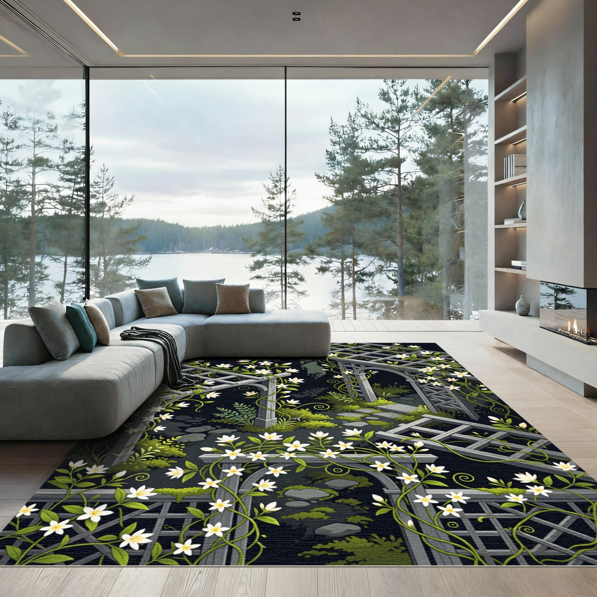 Gothic White Jasmine Trellis Garden Rug