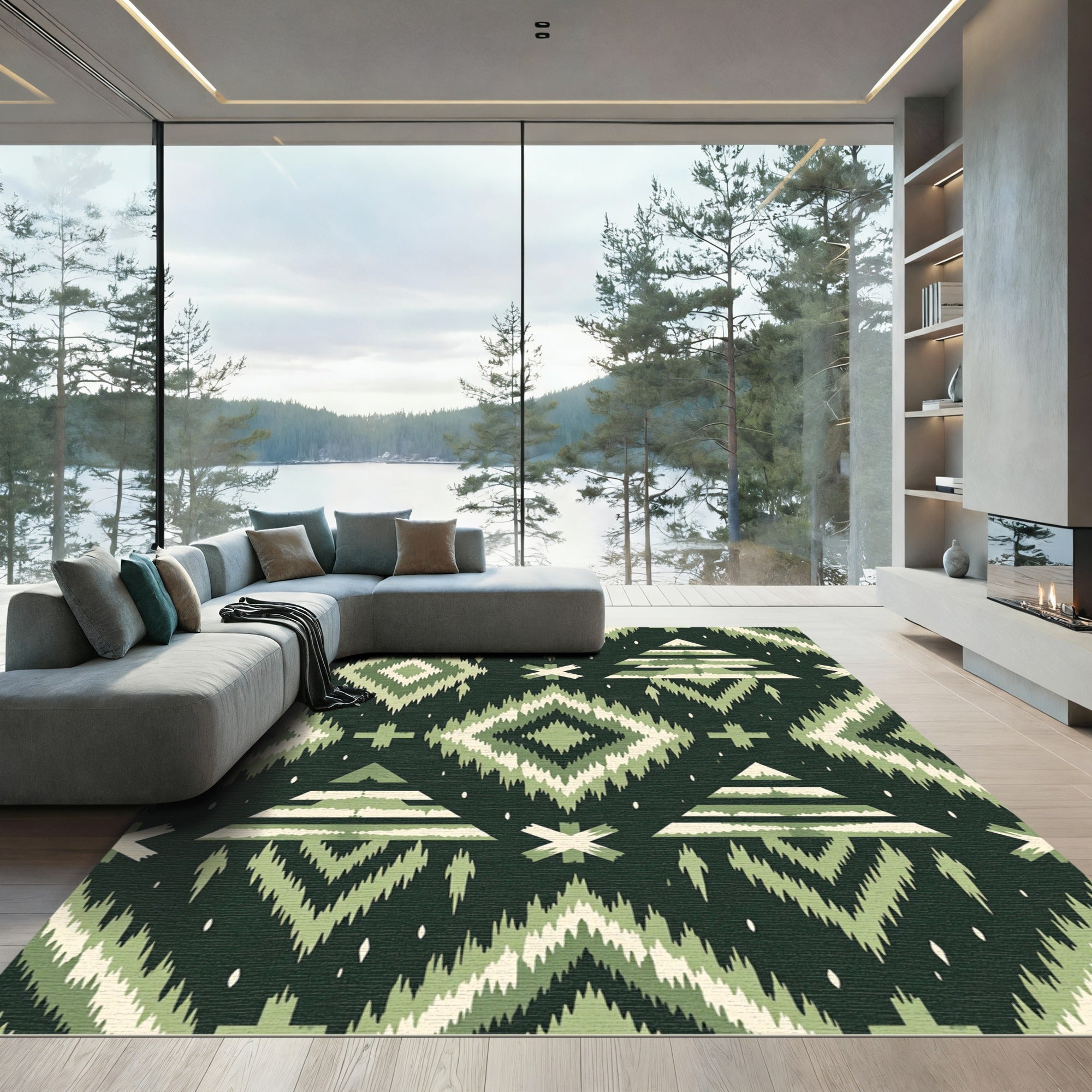 Green Boho Diamond Tree Geometric Rug