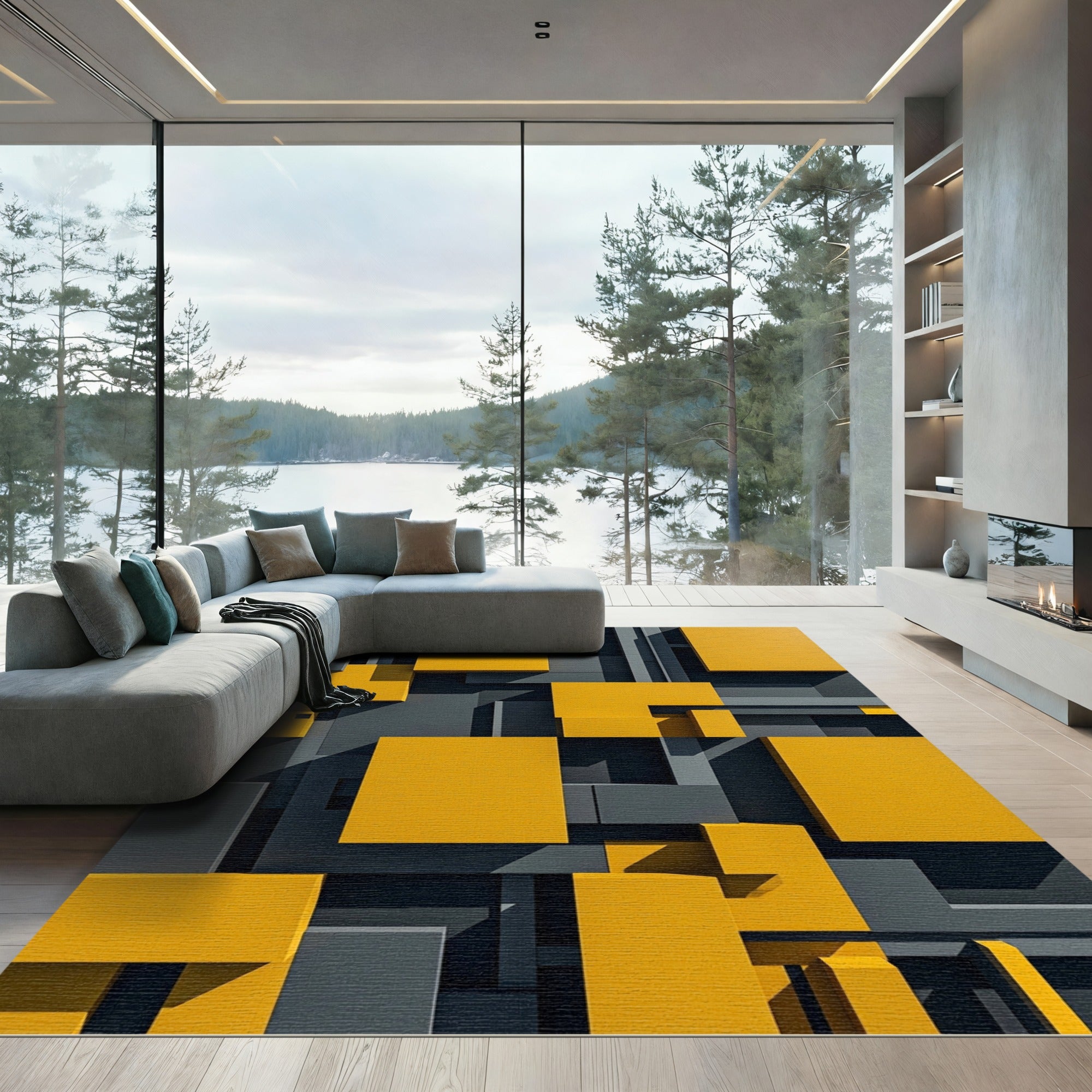 Modern Golden Yellow Geometric Blocks Rug
