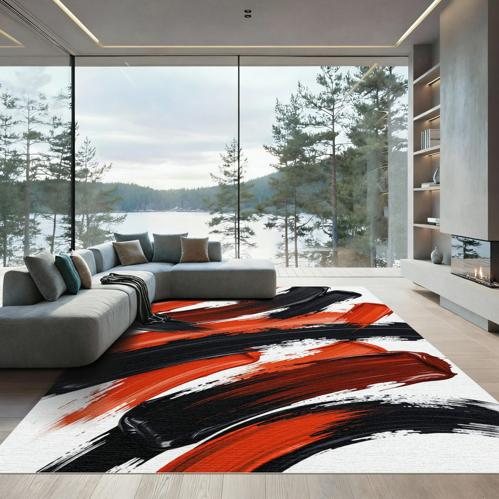 Bold Black and Red Abstract Stroke Rug