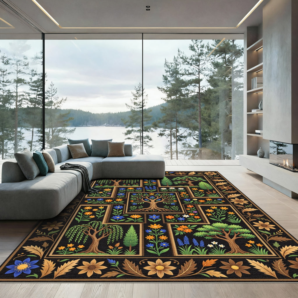 Botanical Black Tile Garden Ornament Rug