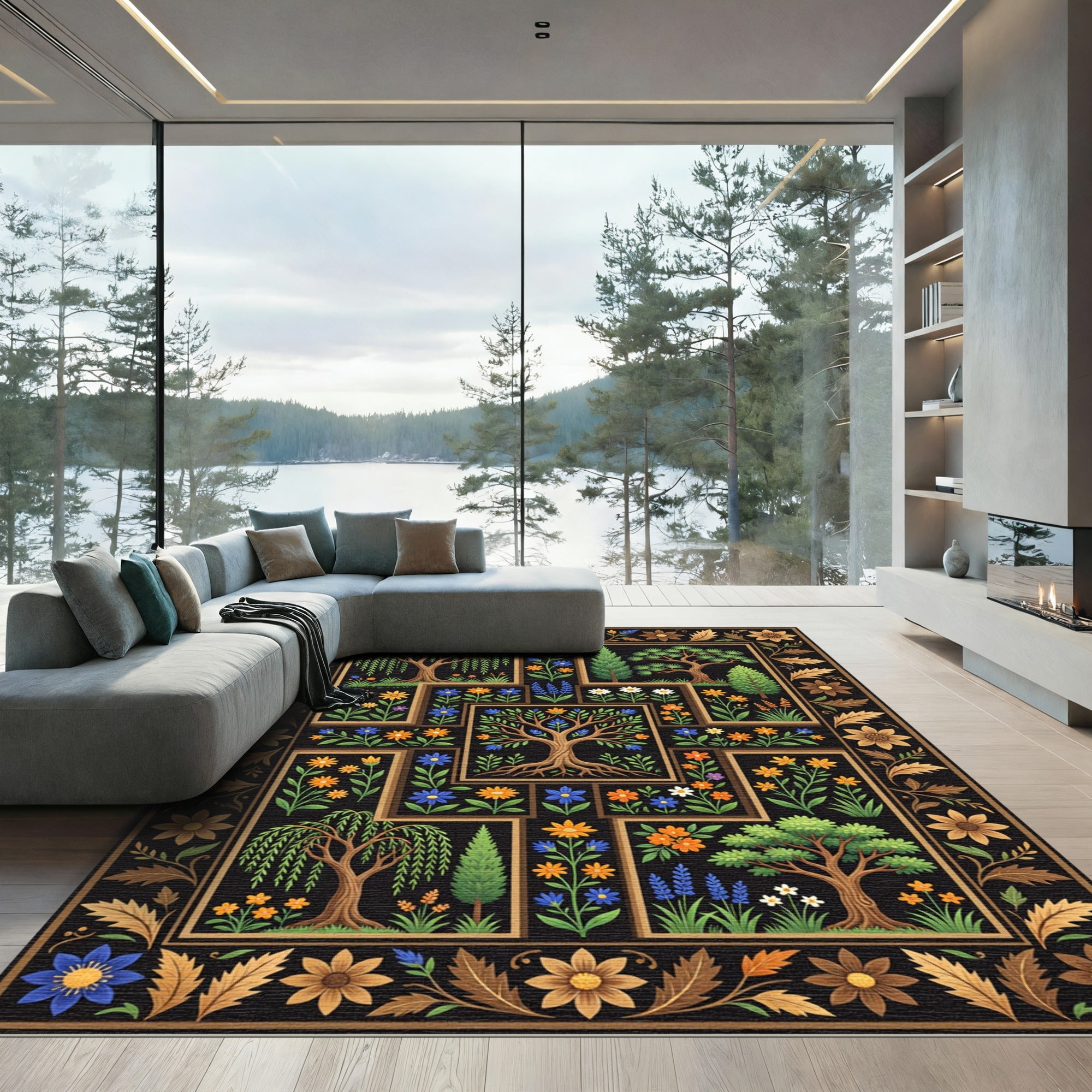 Botanical Black Tile Garden Ornament Rug