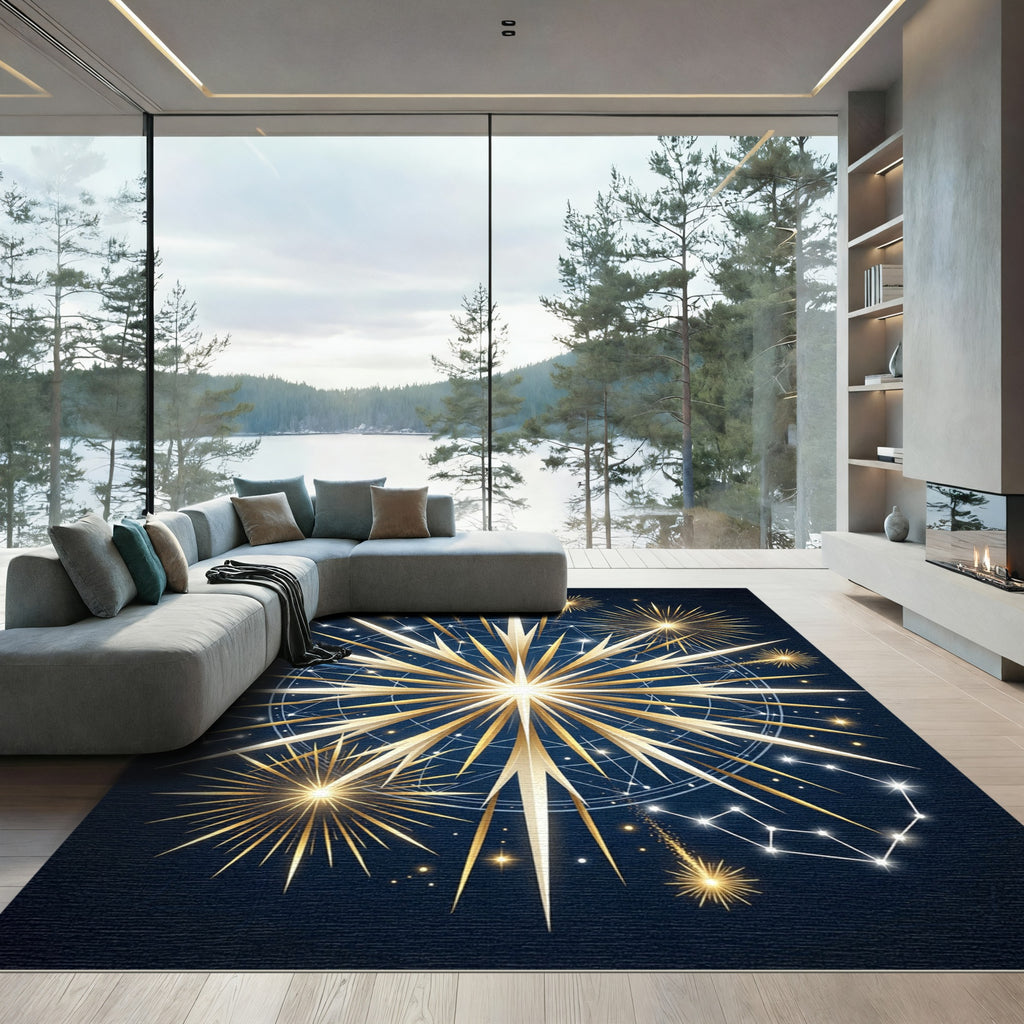 Golden Celestial Starburst Navy Area Rug