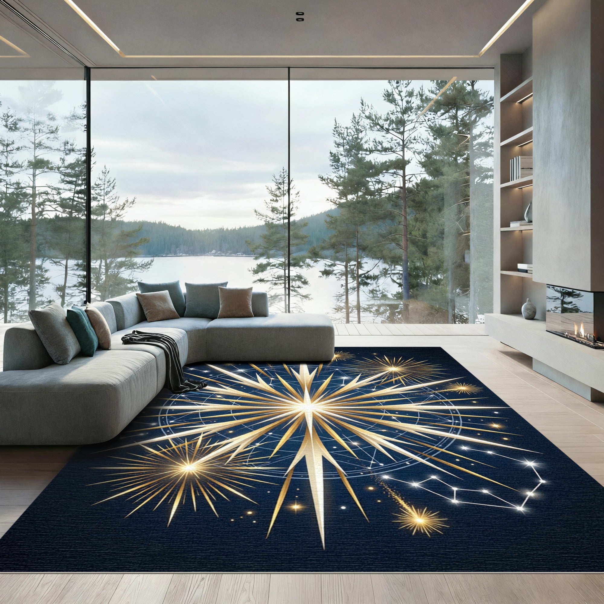 Golden Celestial Starburst Navy Area Rug