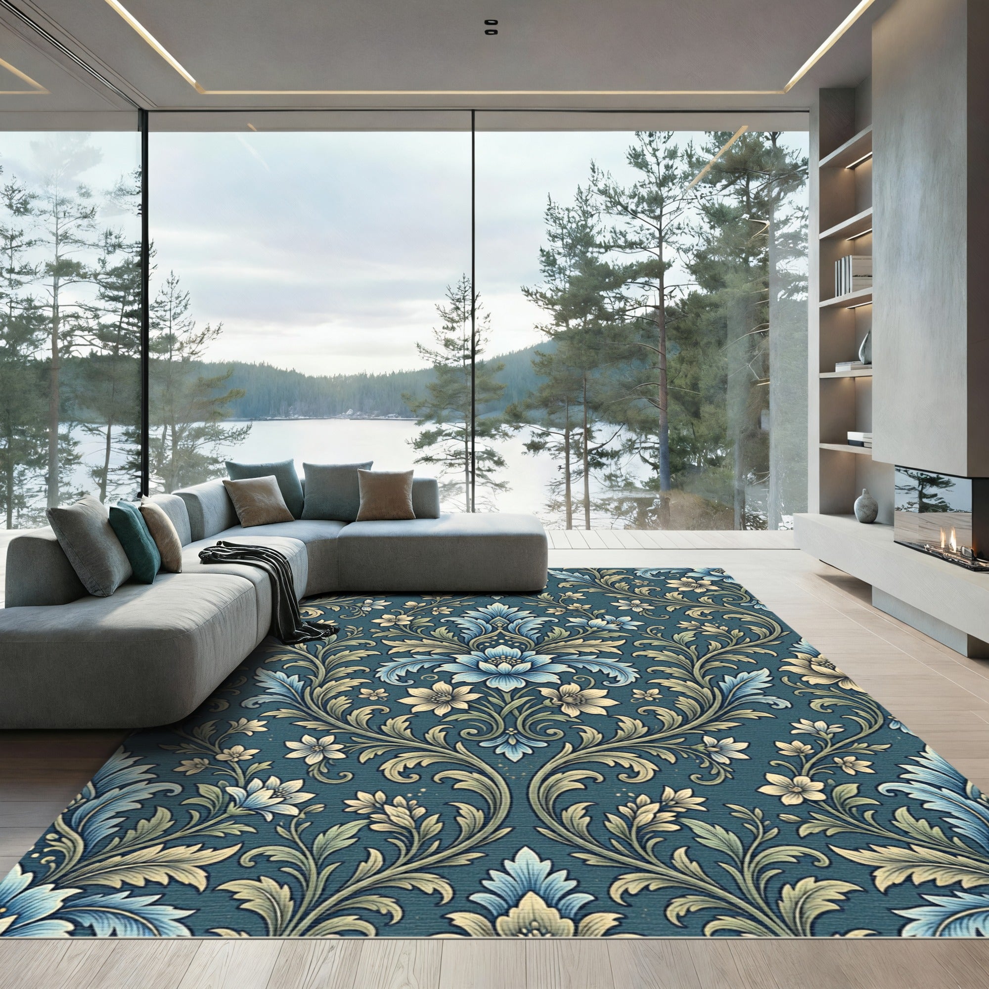 Damask Blue Floral Scrolls Rug