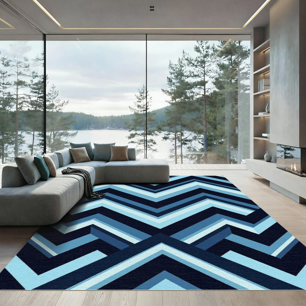 Modern Geometric Blue Chevron Zigzag Rug