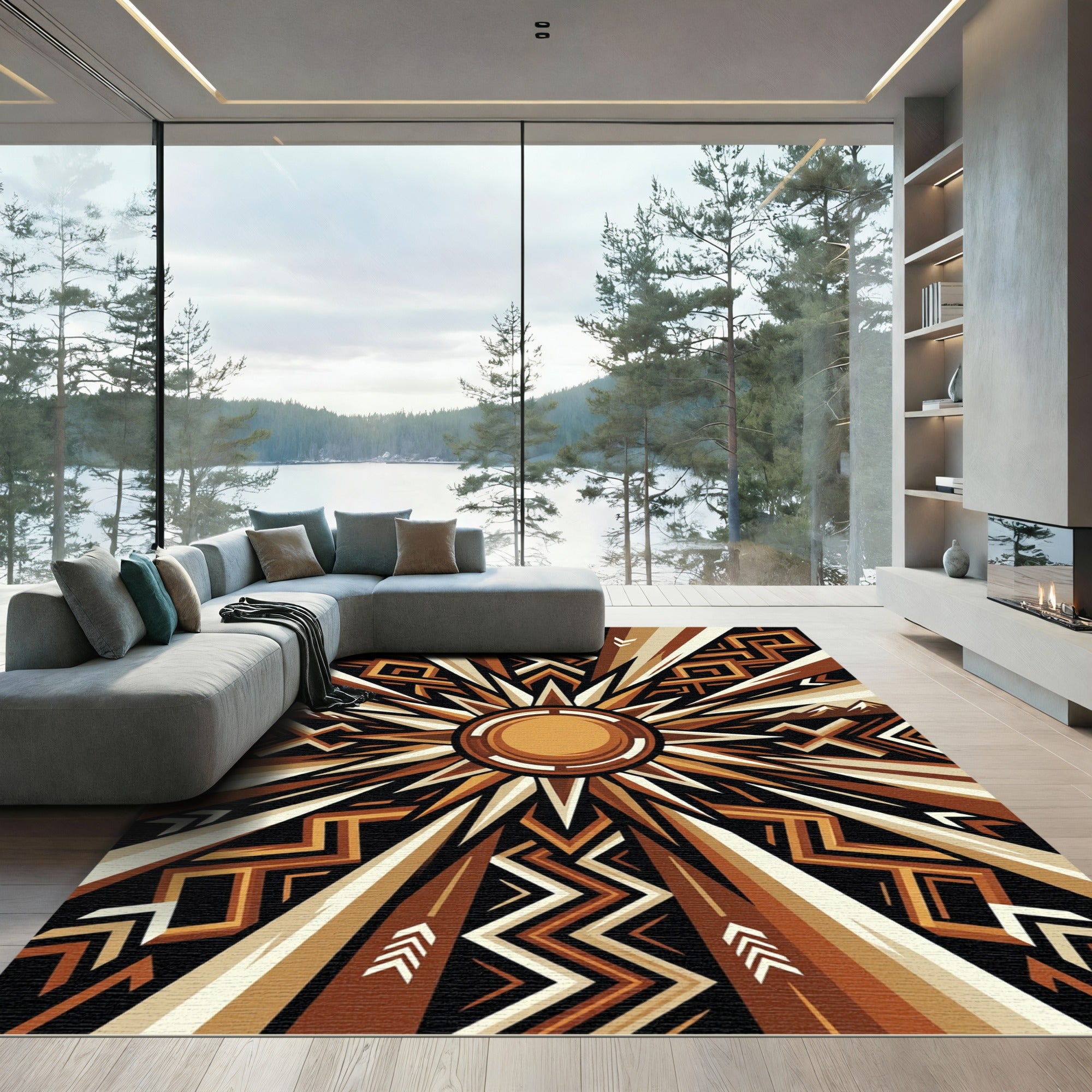 Abstract Earthy Geometric Sunburst Rug