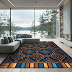 Geometric Gold and Navy Interlocking Tile Rug