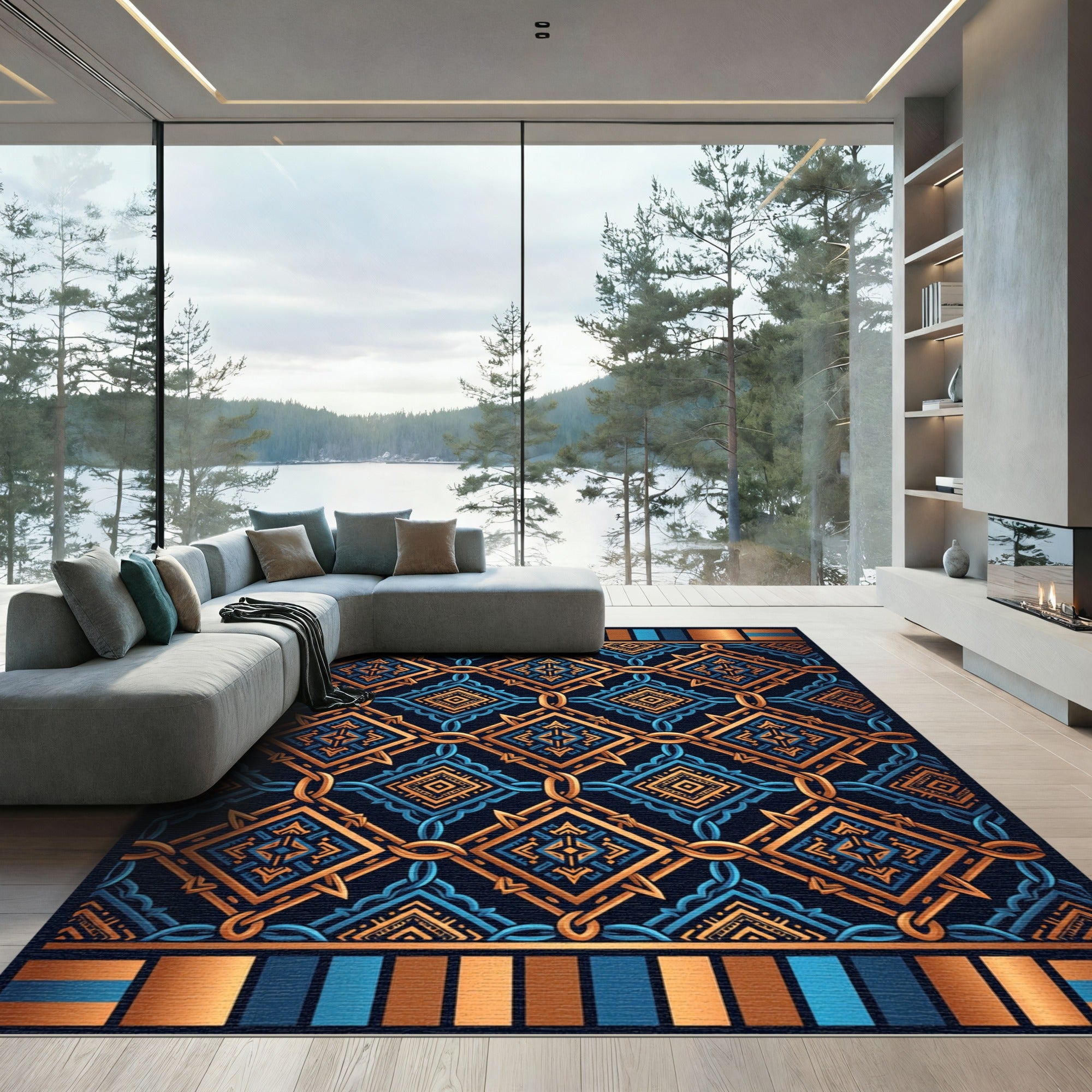 Geometric Gold and Navy Interlocking Tile Rug