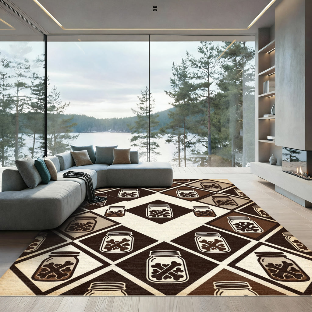 Dark Brown Bone Heart Diamond Grid Rug