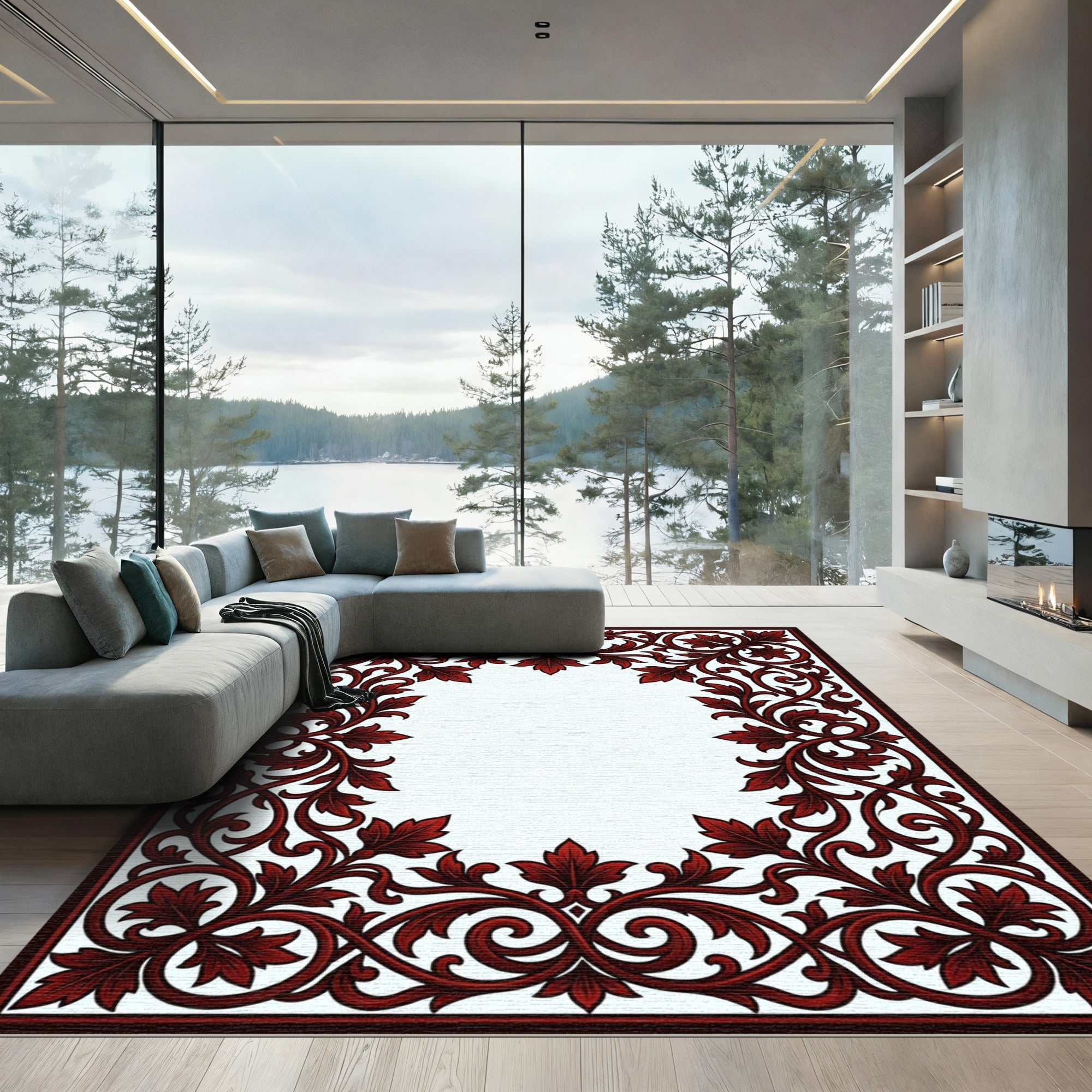 Deep Red Ornate Acanthus Scroll Rug