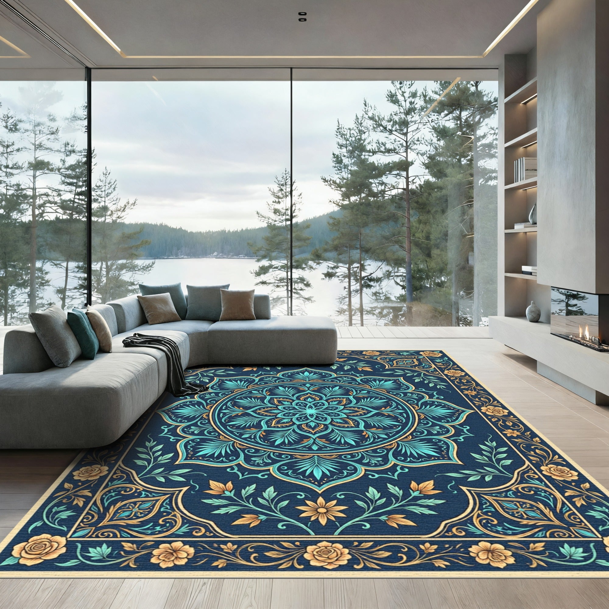 Royal Blue Floral Medallion Boho Rug