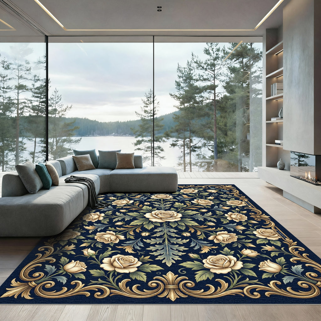 Elegant Cream Rose Gold Floral Tapestry Rug