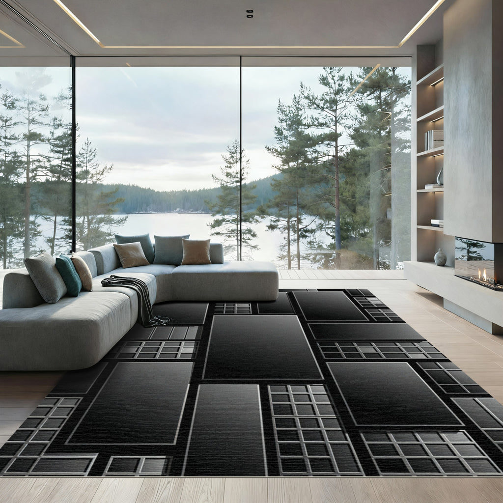Modern Monochrome Architectural Grid Rug