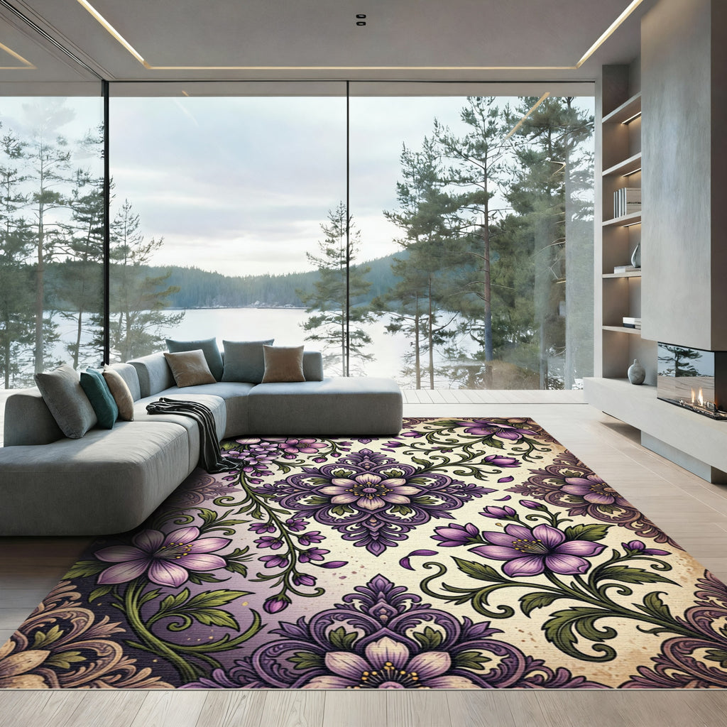 Elegant Purple Floral Damask Medallion Rug