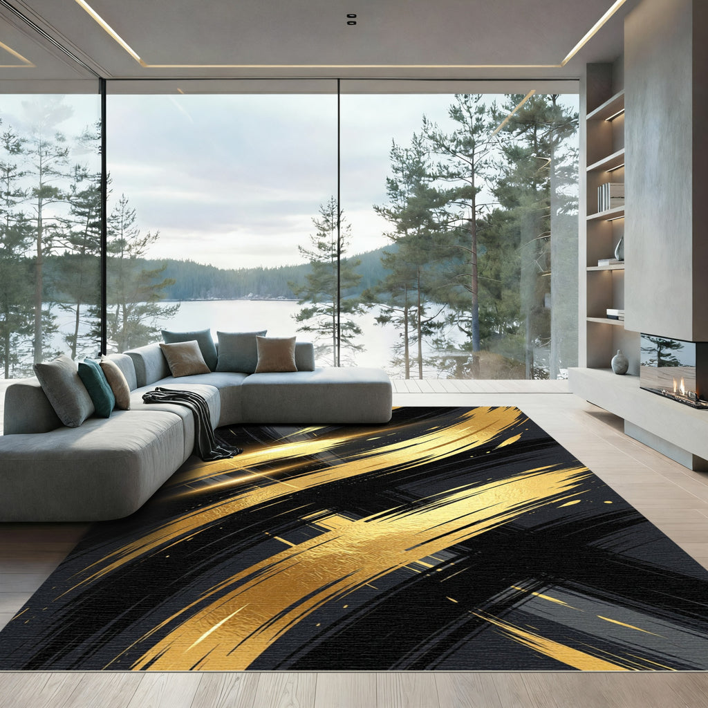 Black and Gold Abstract Brushstroke Rug
