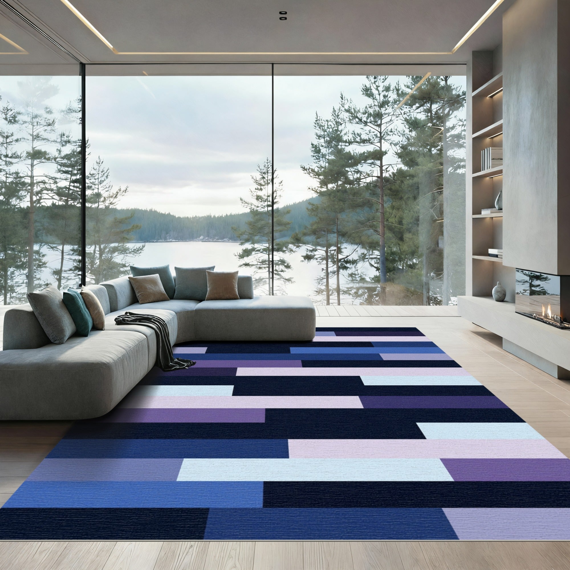 Cool Toned Horizontal Stripe Composition Rug