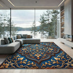 Ornate Gold Floral Royal Blue Medallion Rug