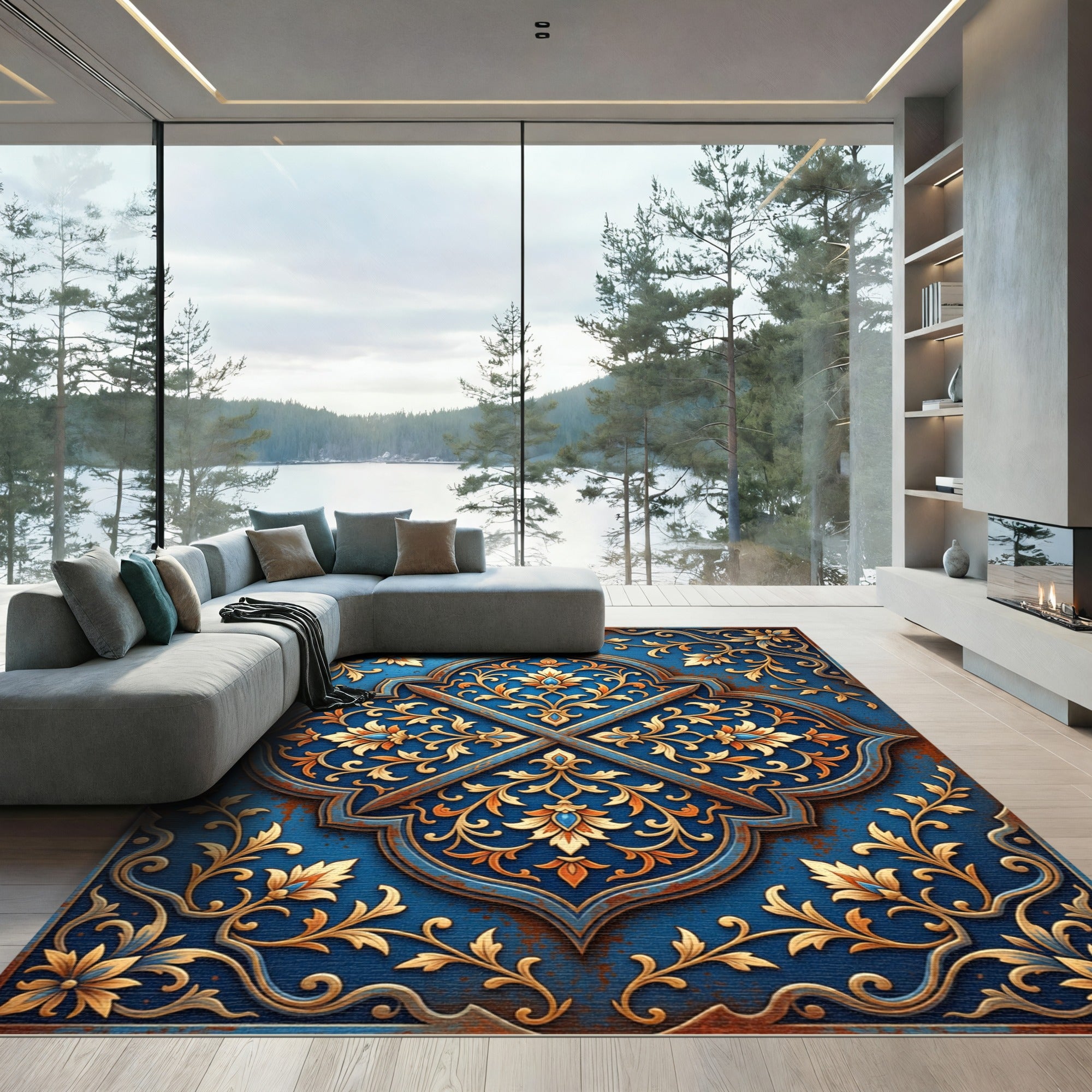Ornate Gold Floral Royal Blue Medallion Rug
