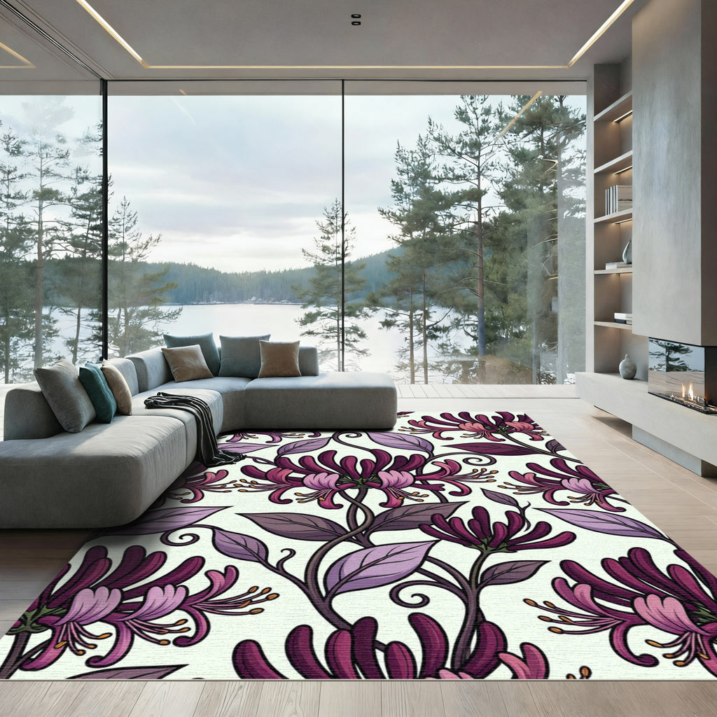 Elegant Deep Purple Honeysuckle Floral Art Rug