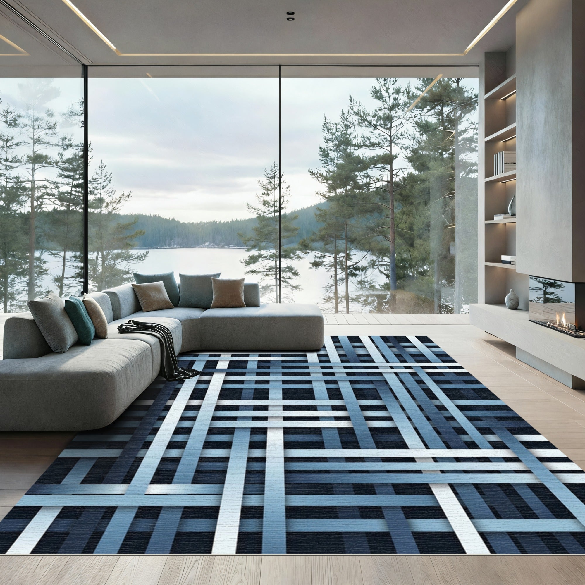 Modern Blue Gradient Interwoven Grid Rug