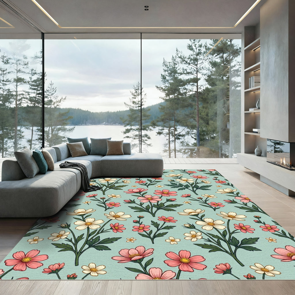Whimsical Pink White Floral Garden Rug