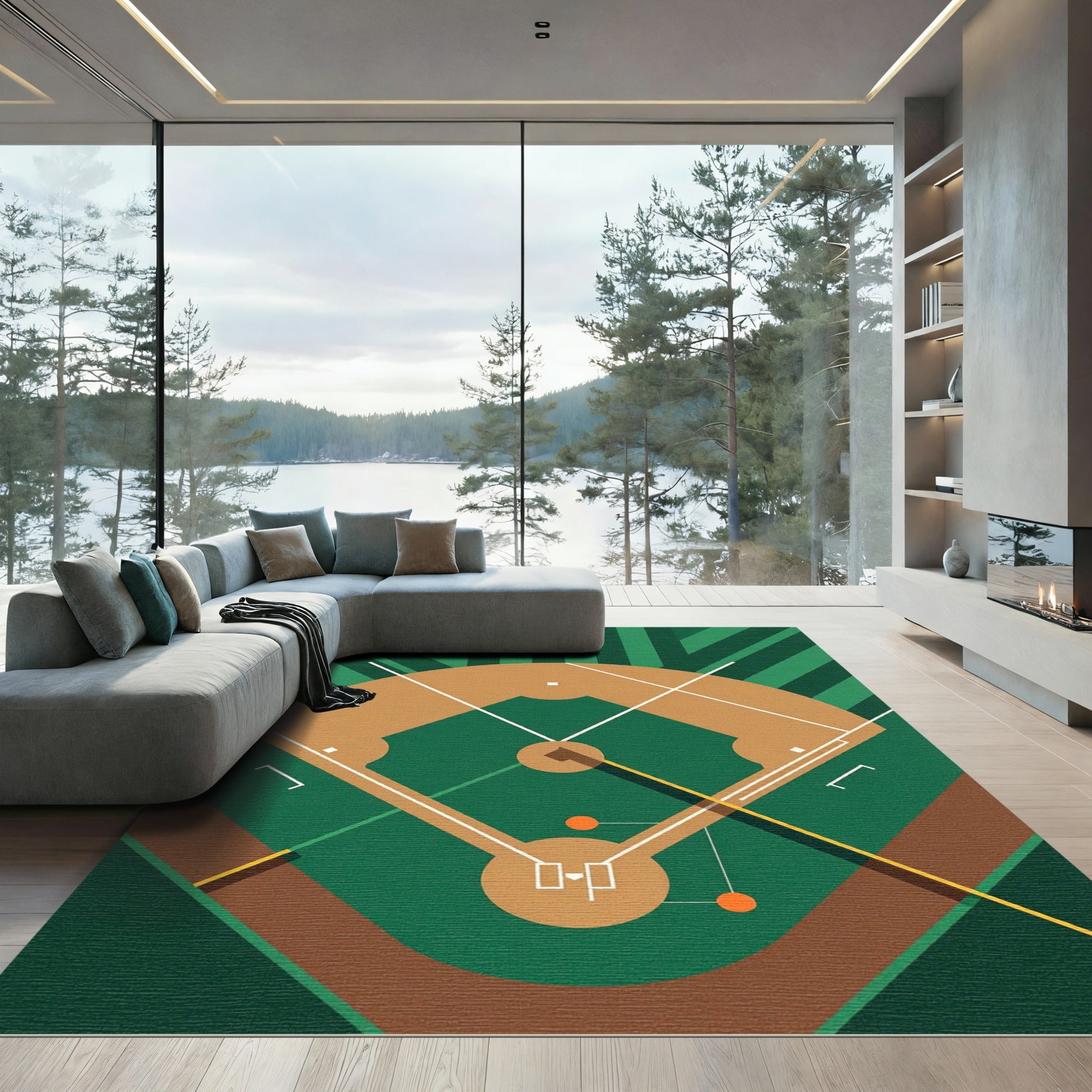 Minimalist Geometric Baseball Diamond Field Rug
