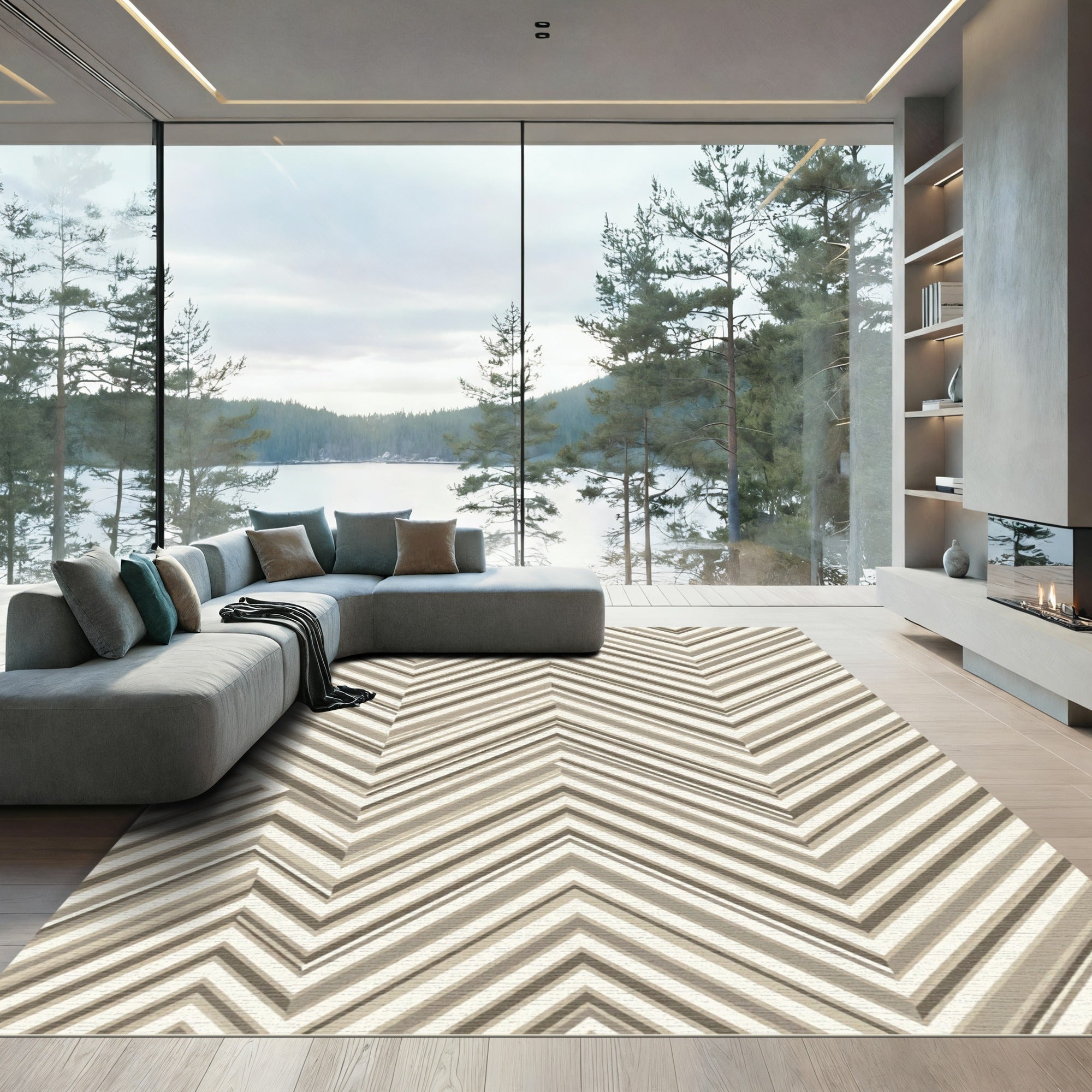 Taupe Geometric Chevron Striped Art Rug