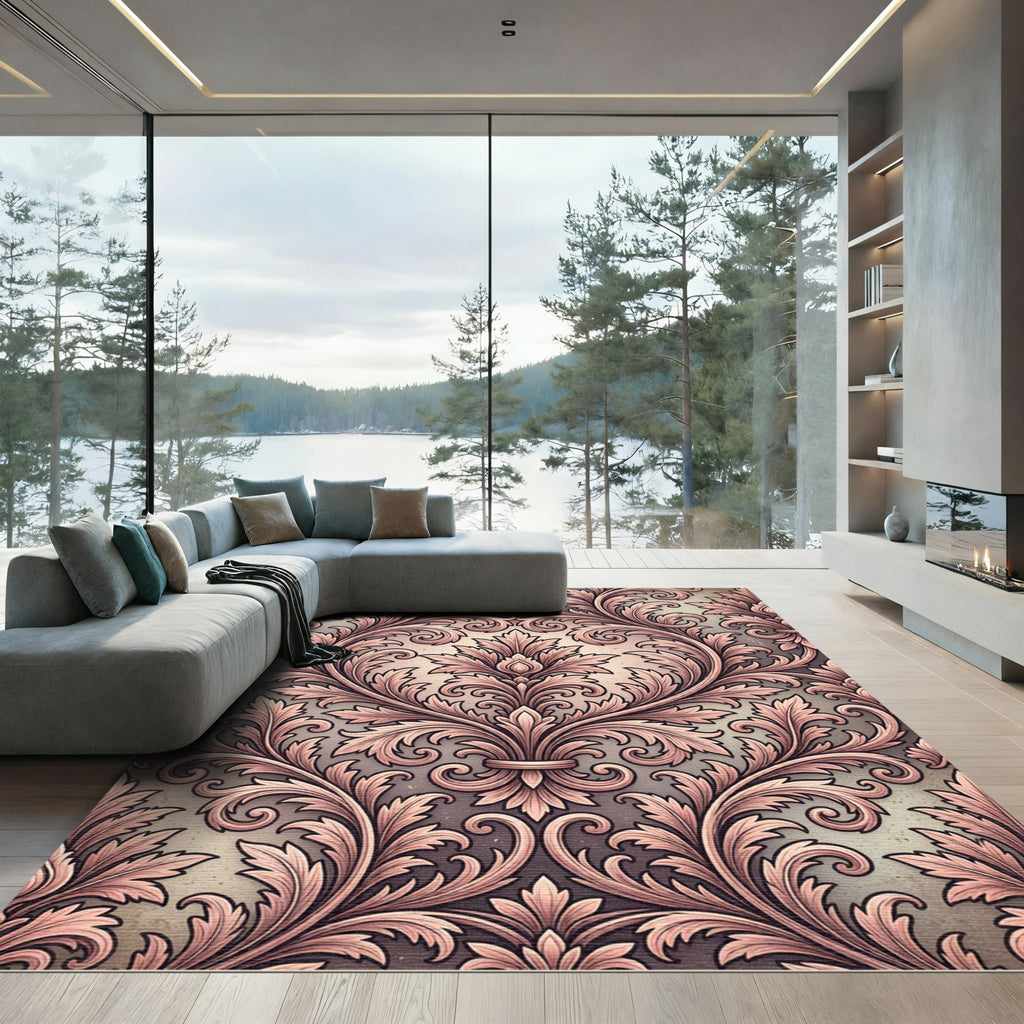 Elegant Blush Damask Scroll Foliage Rug