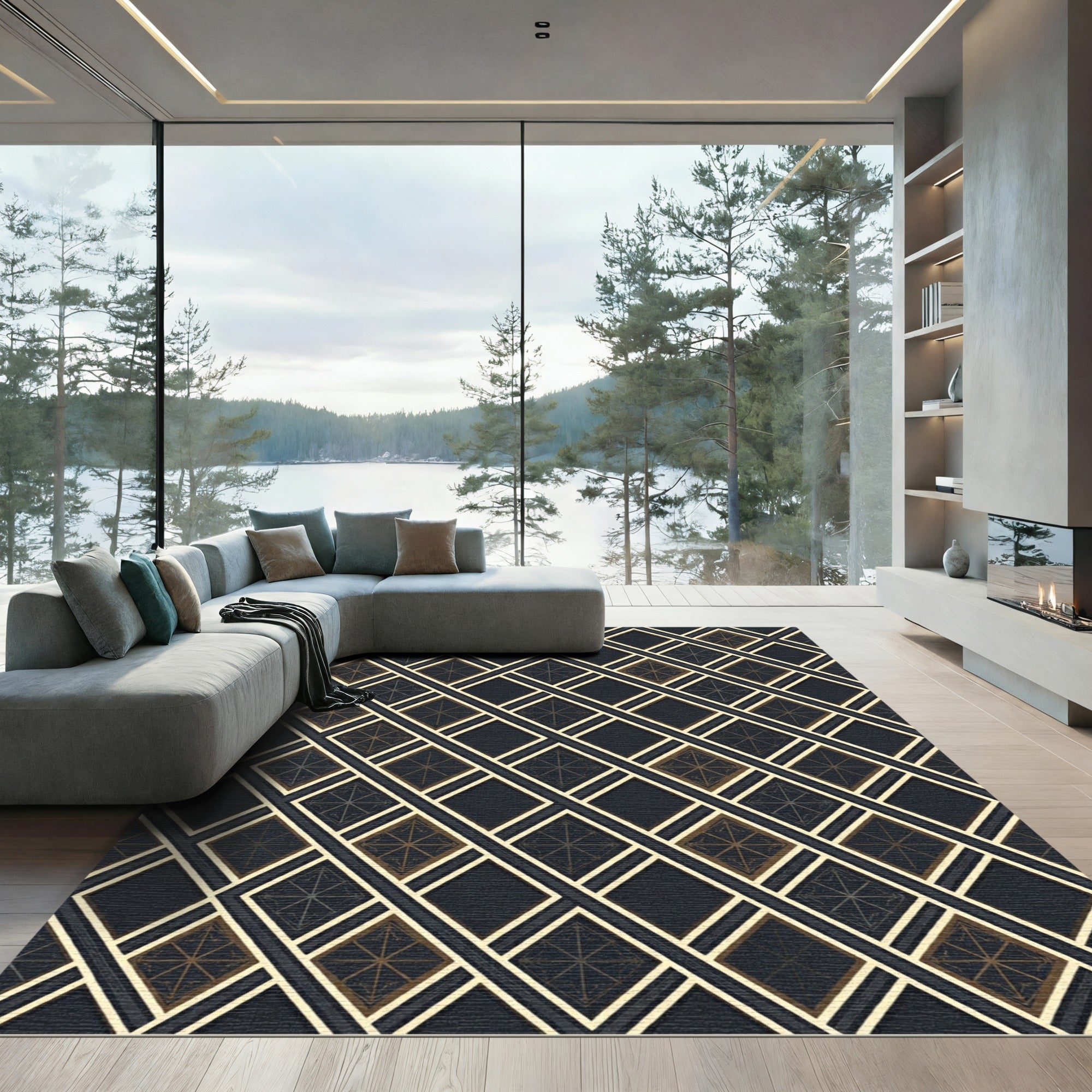 Sophisticated Gold and Charcoal Geometric Lattice Rug