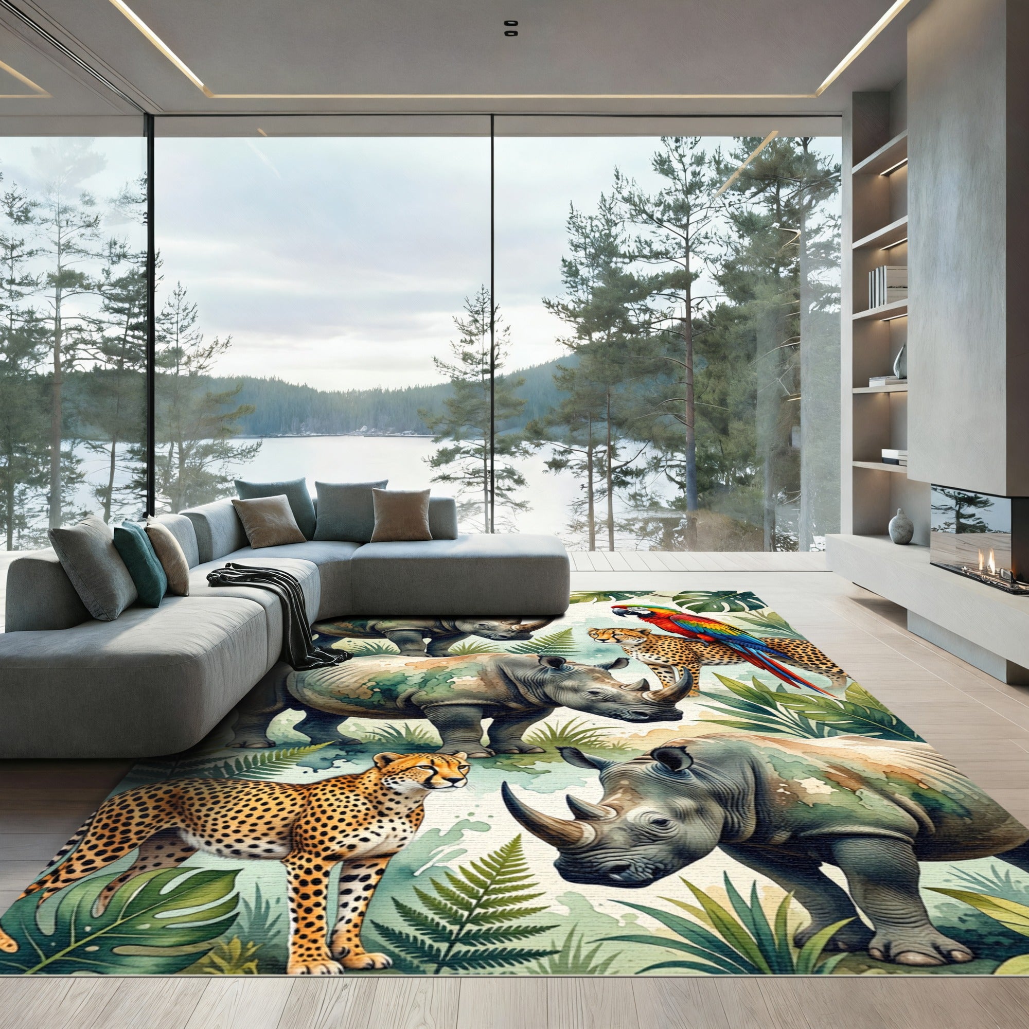 Watercolor Tropical Safari Wildlife Fauna Rug
