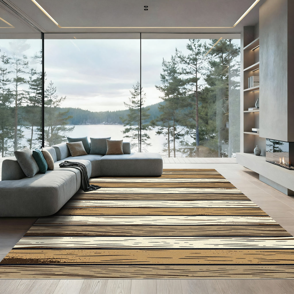 Rustic Earthy Tone Horizontal Wood Plank Rug