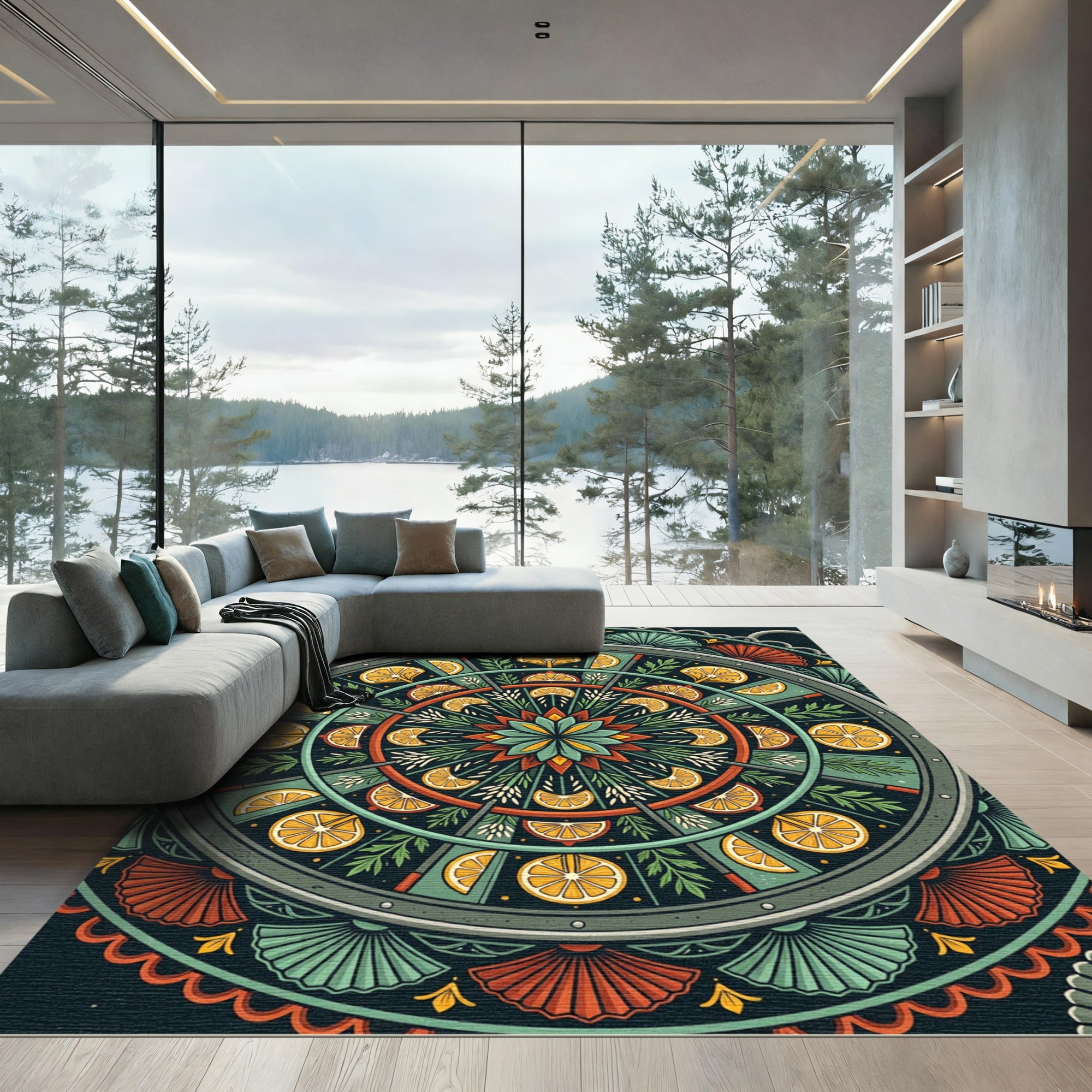 Citrus Medallion Green Red Yellow Folk Art Rug