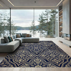 Ornate Navy Gold Damask Scroll Rug