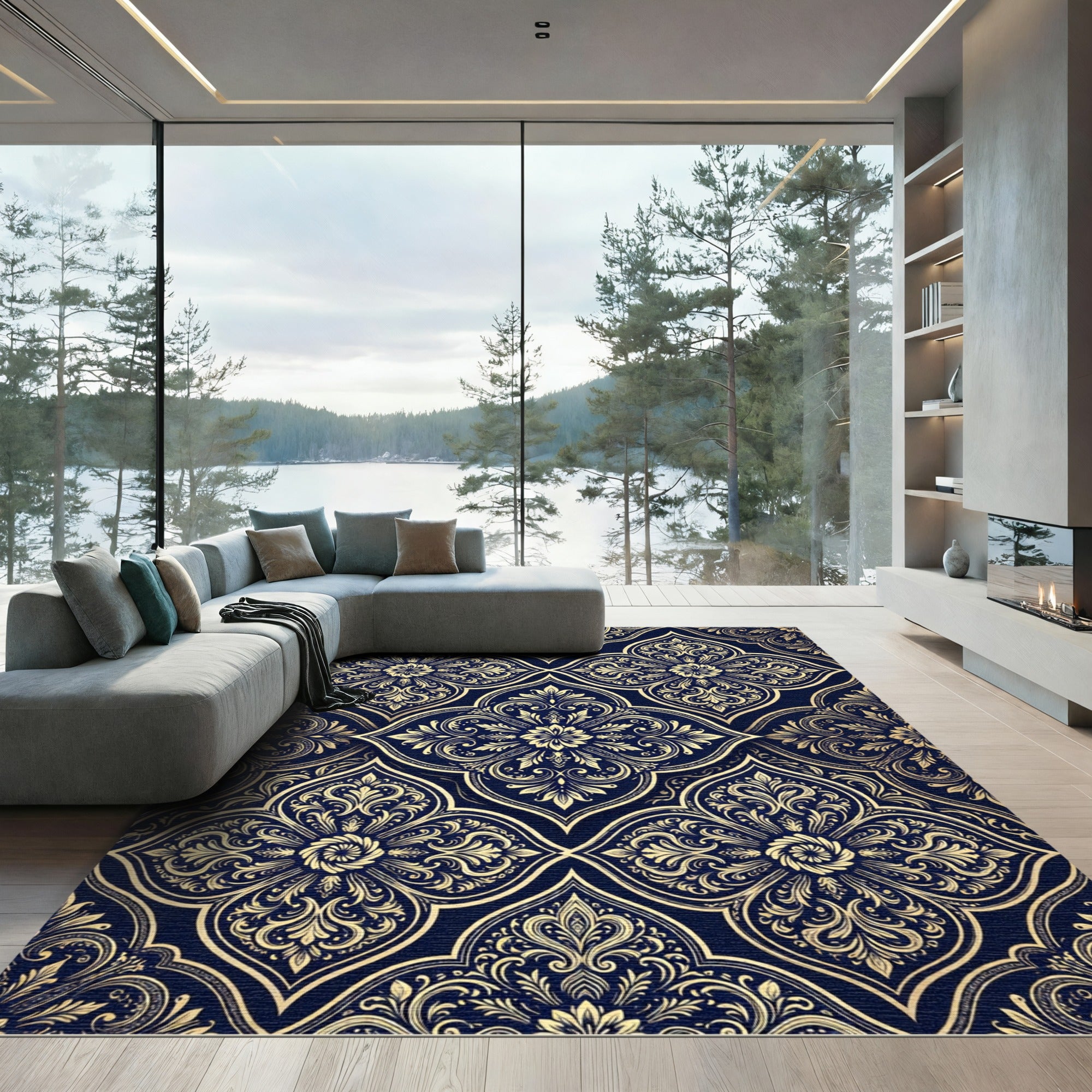 Ornate Navy Gold Damask Scroll Rug