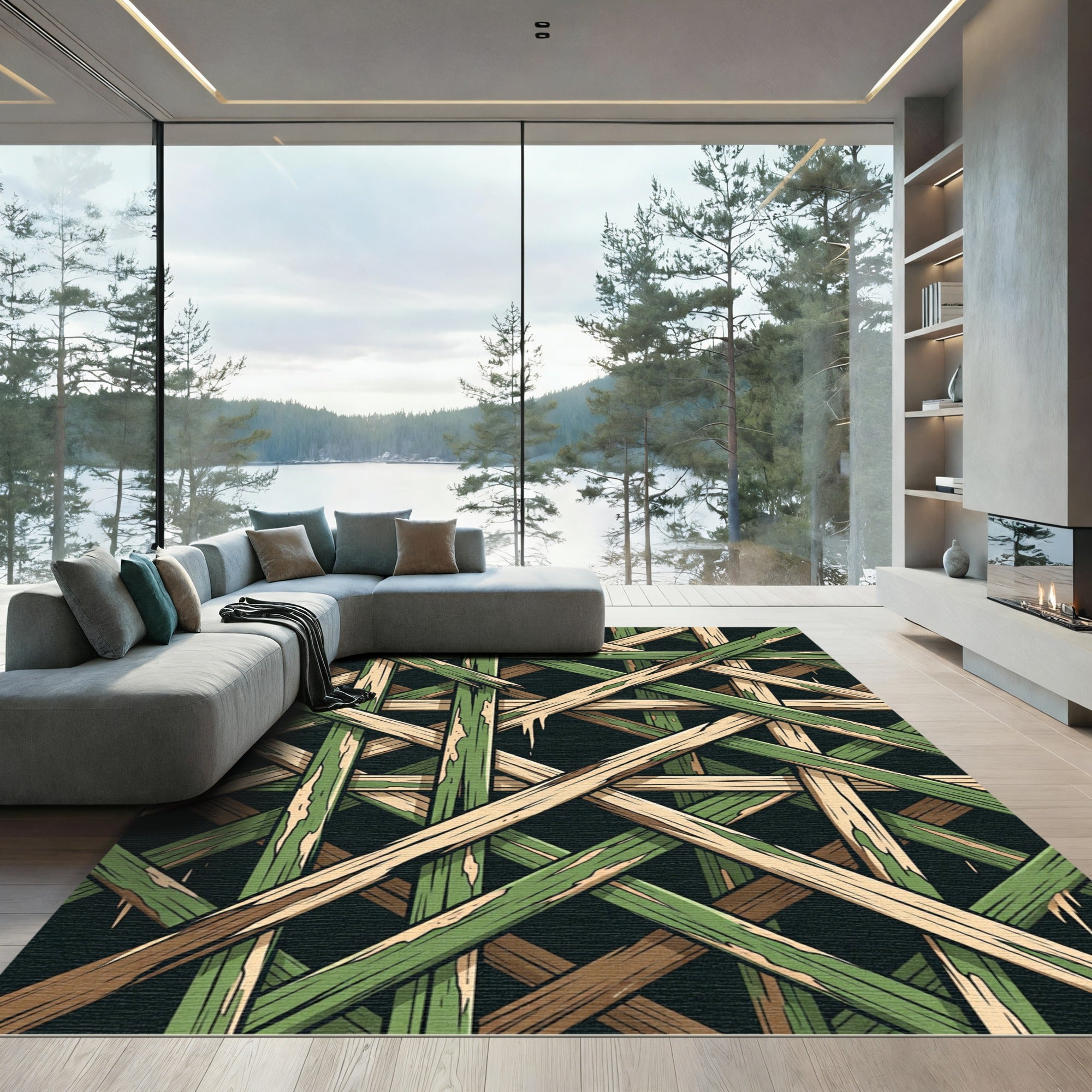 Rustic Green Wood Lattice Rug