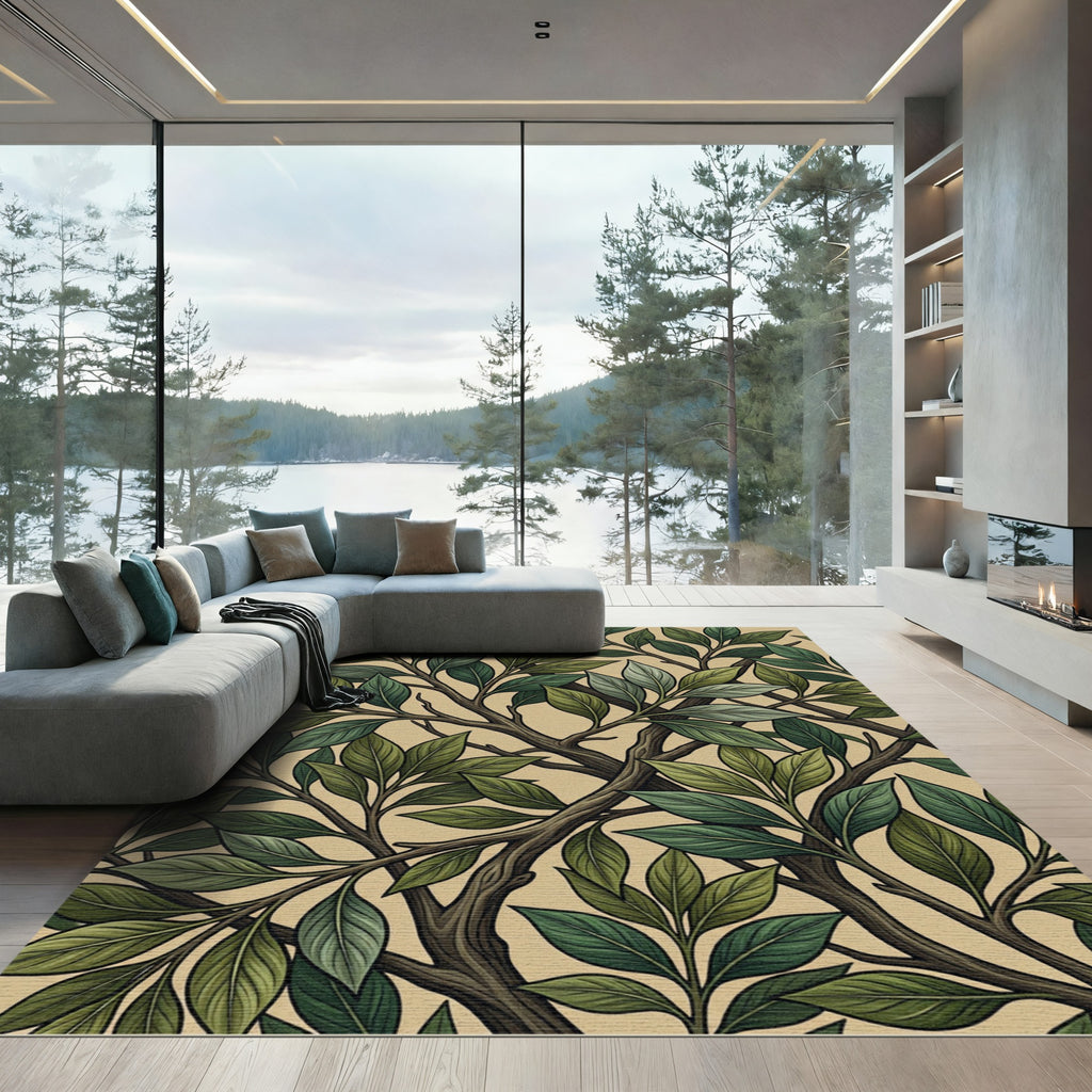 Lush Green Botanical Foliage Branch Rug