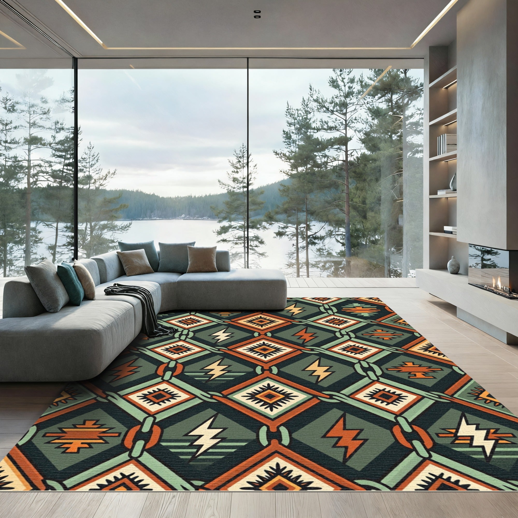 Geometric Southwestern Lightning Bolt Iron Chain Rug