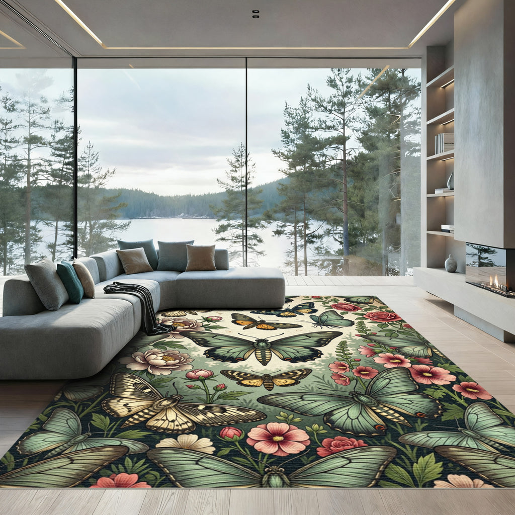 Botanical Sage Butterfly Garden Illustration Rug