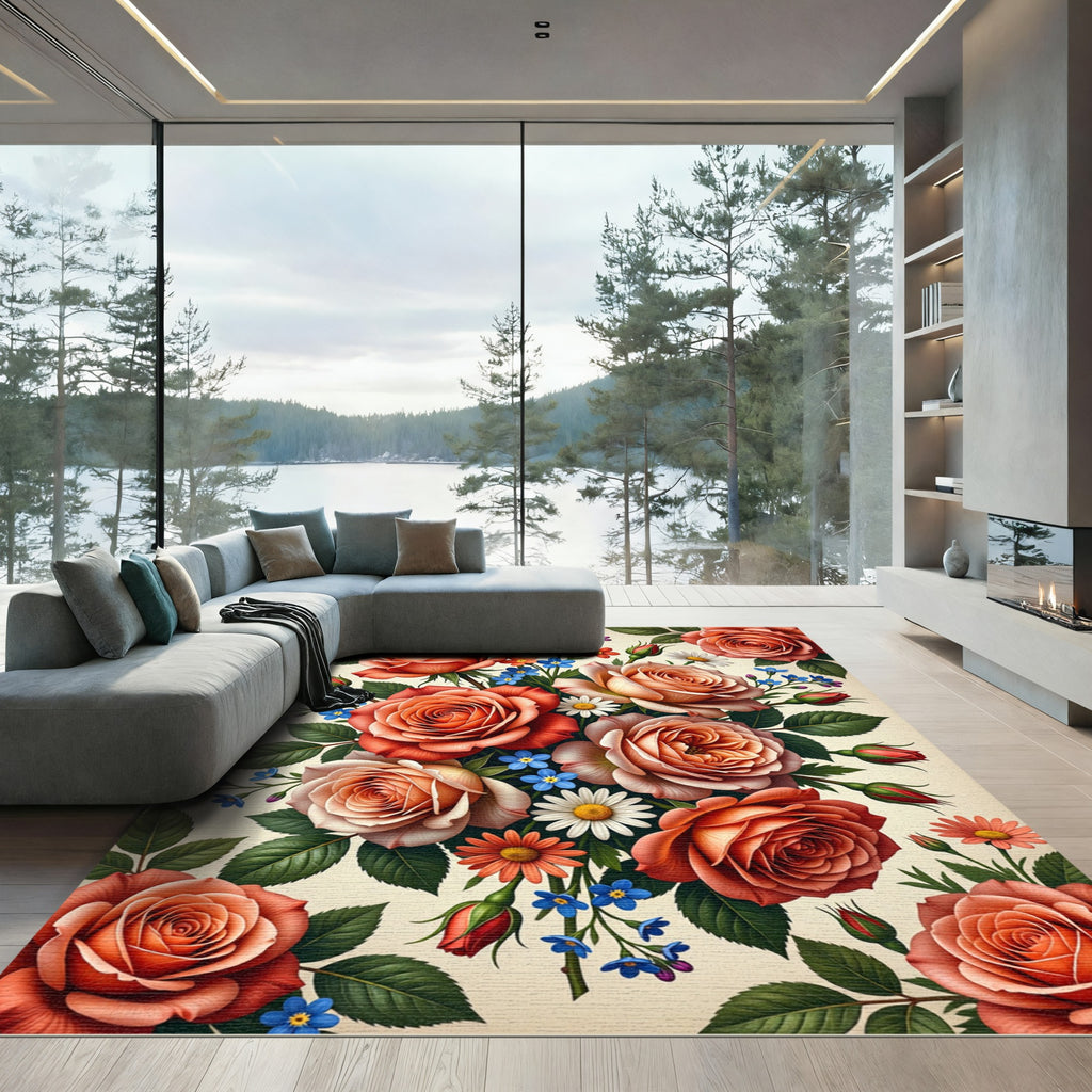 Elegant Coral Rose Bouquet Floral Art Rug