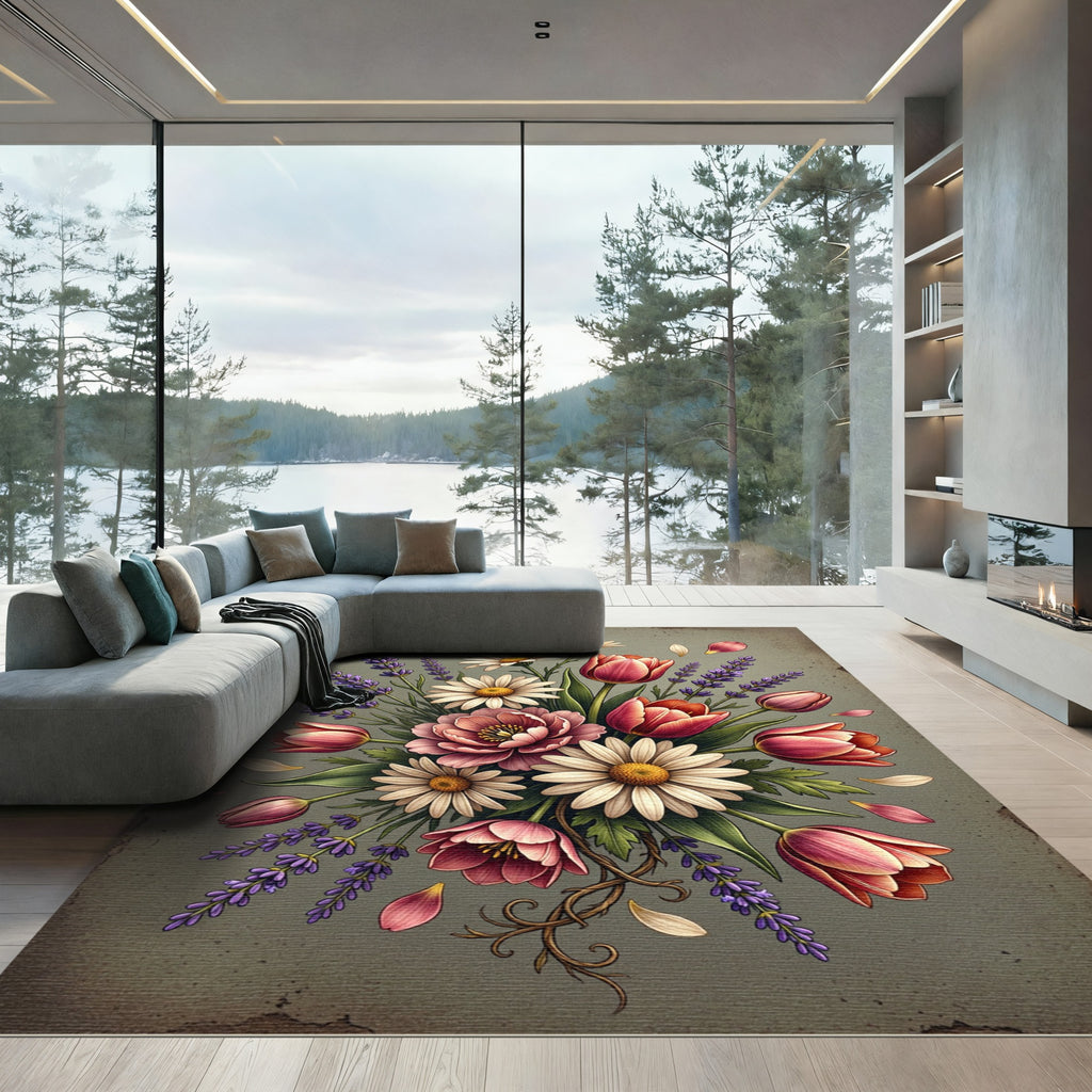 Whimsical Pink Tulips Lavender Daisies Rug