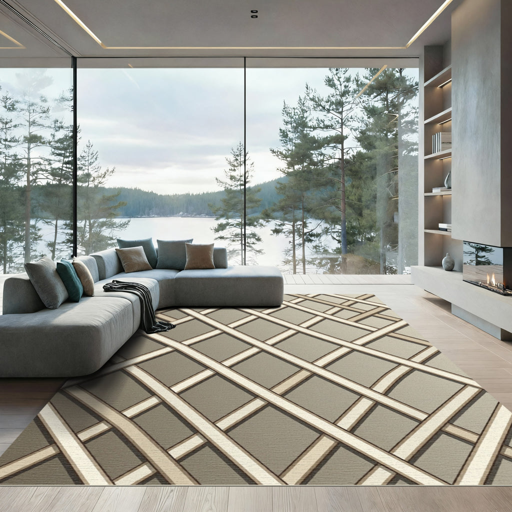 Neutral Taupe Angular Lattice Grid Rug