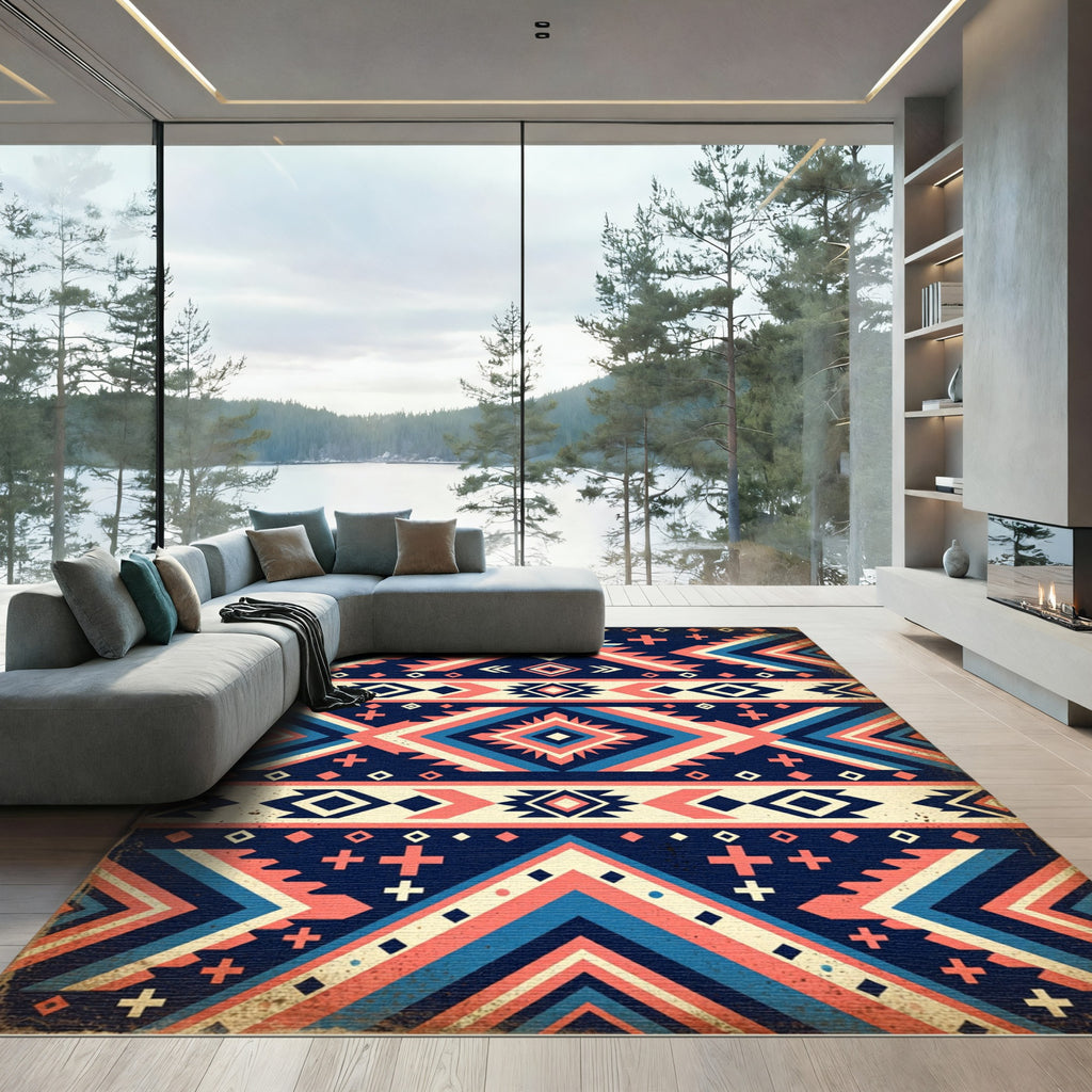 Geometric Coral Blue Tribal Stripe Rug