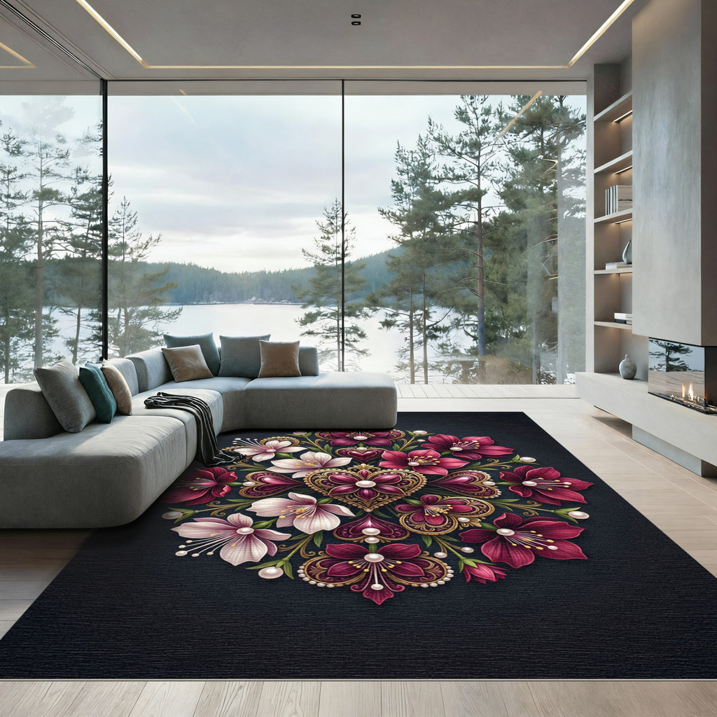 Rich Crimson Pearl Floral Medallion Rug
