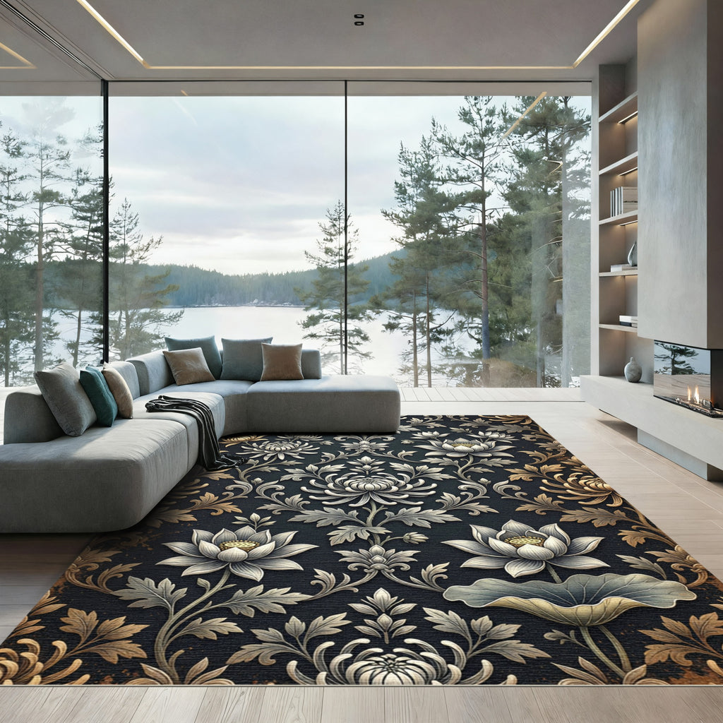 Antique Gold Floral Lotus Arrangement Rug