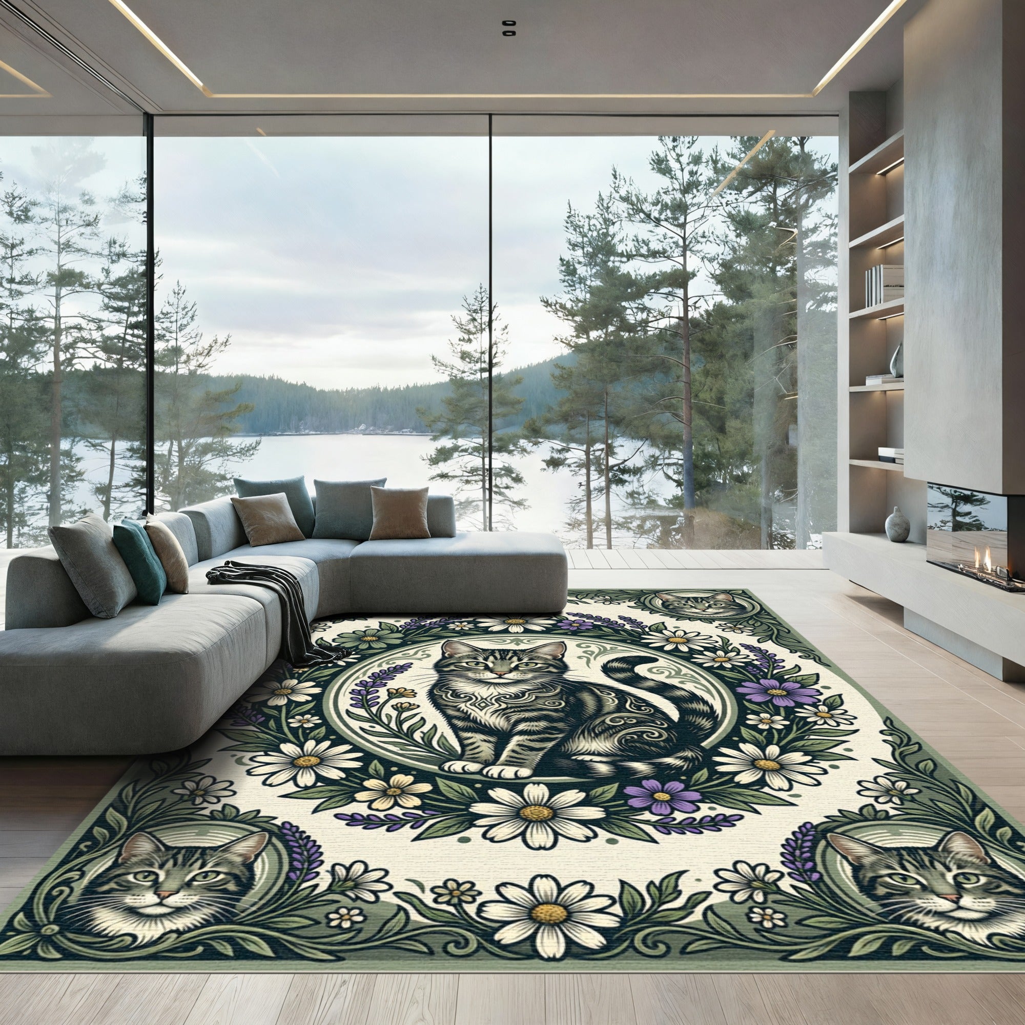 Botanical Tabby Cat Sage Floral Circular Rug