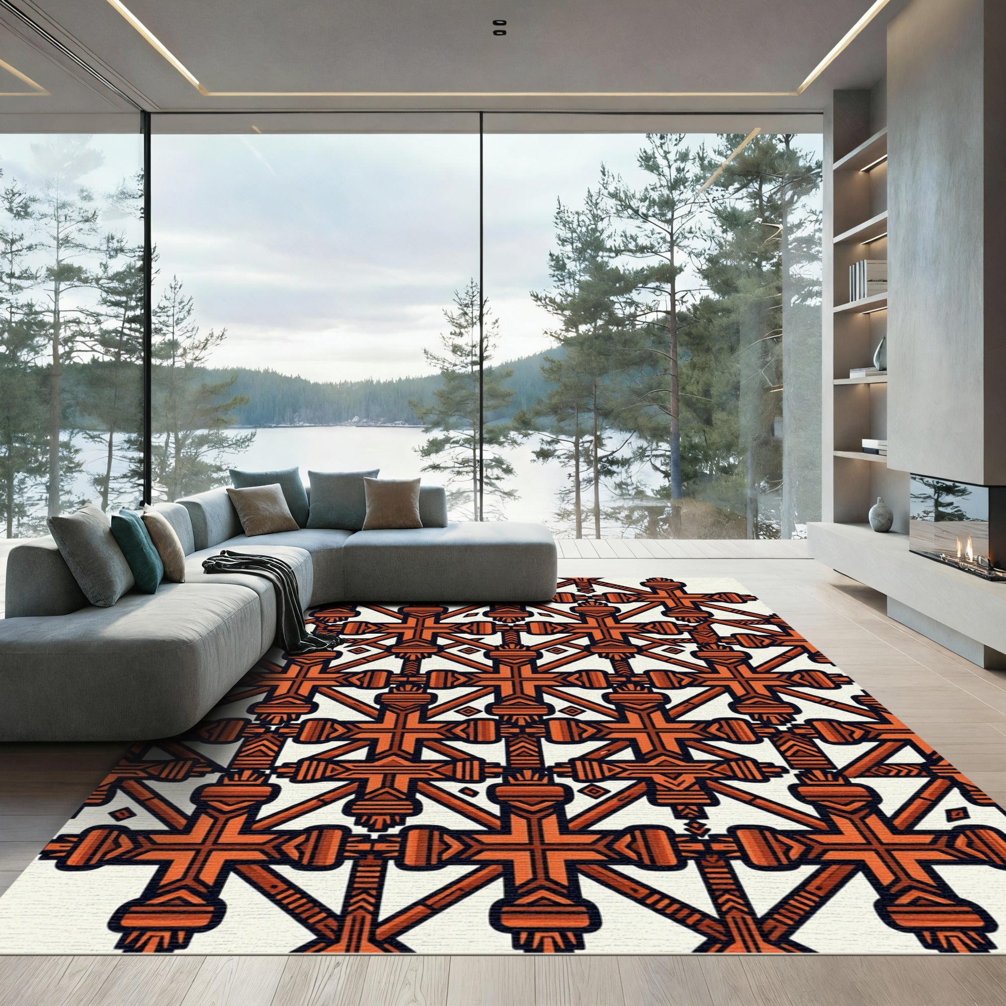 Burnt Orange Geometric Cross Grid Rug